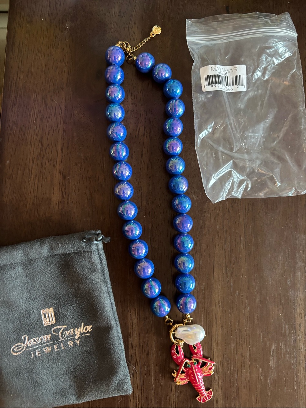 Blue Beaded Necklace with Red Lobster Charm, brand new by Mayamar